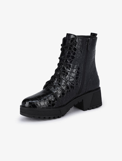 Rangers à semelles crantées effet croco vernis - Noir - 3