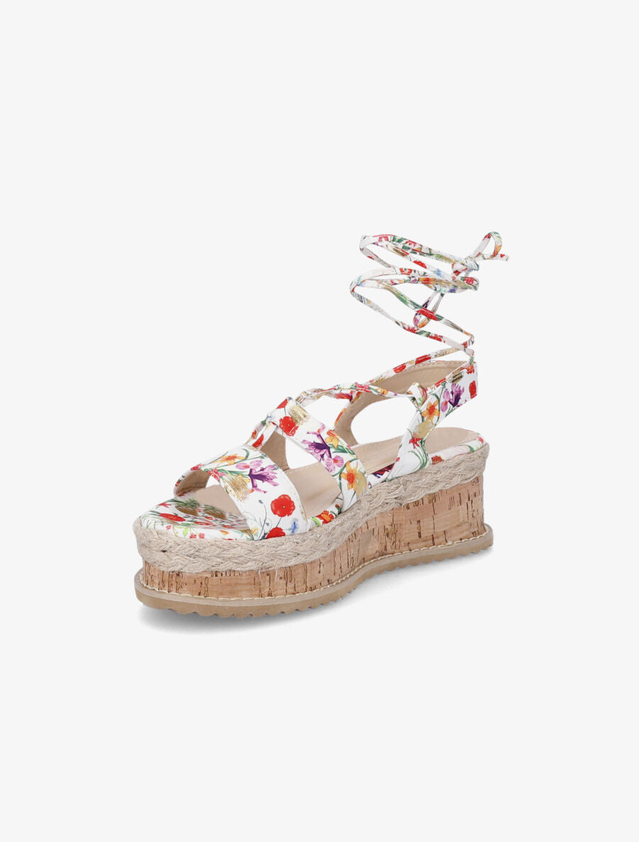 Sandales compensées imprimé fleuri à liens - Blanc - 4
