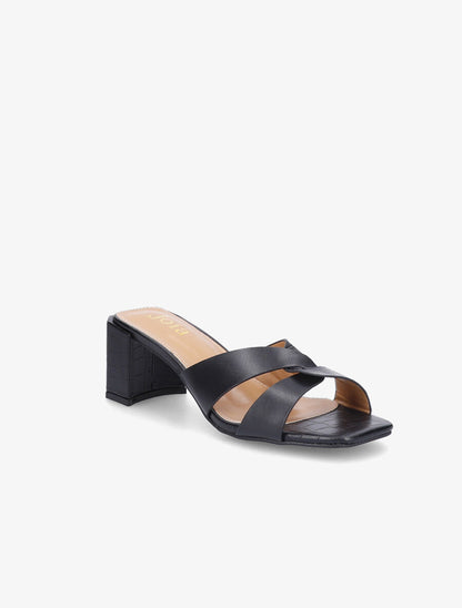 Mules effet croco à talon stylisé - Noir - 2