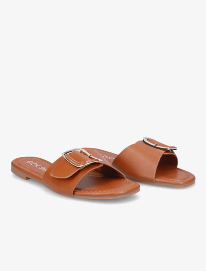 Mules plates à boucle carrée - Camel - 4