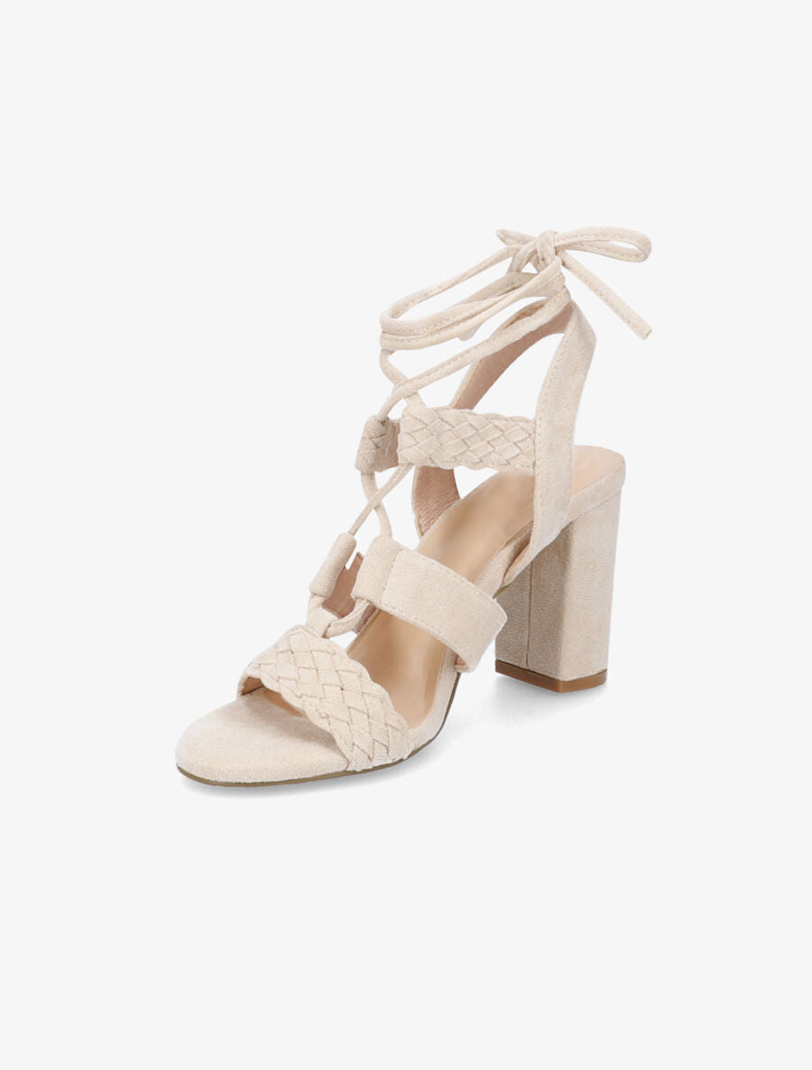 Sandales en suédine à talons et lacets - Beige - 3