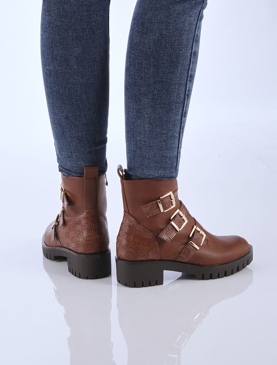 Bottines bi-matière à triple brides - Marron - 2