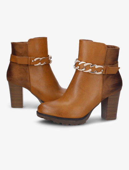 Bottines fourrées bi-matière à sangle à détail chaîne - Camel - 4
