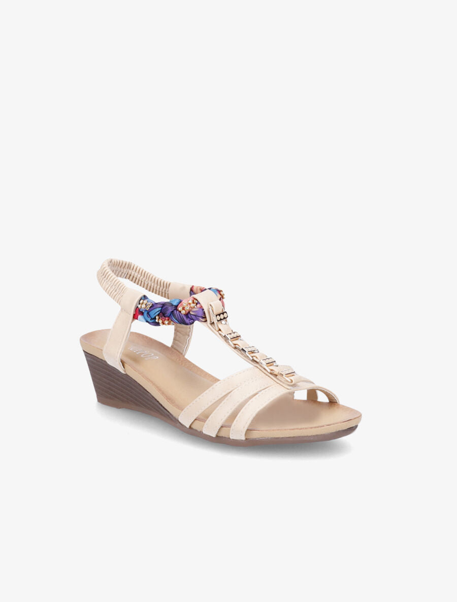 Sandales imprimées ornées de bijoux dorés et strass - Beige - 2