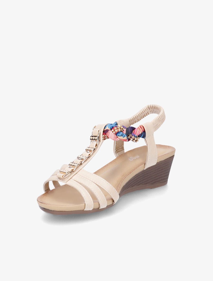 Sandales imprimées ornées de bijoux dorés et strass - Beige - 3