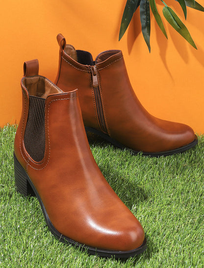 Bottines en simili et côté élastiqué - Camel - 5