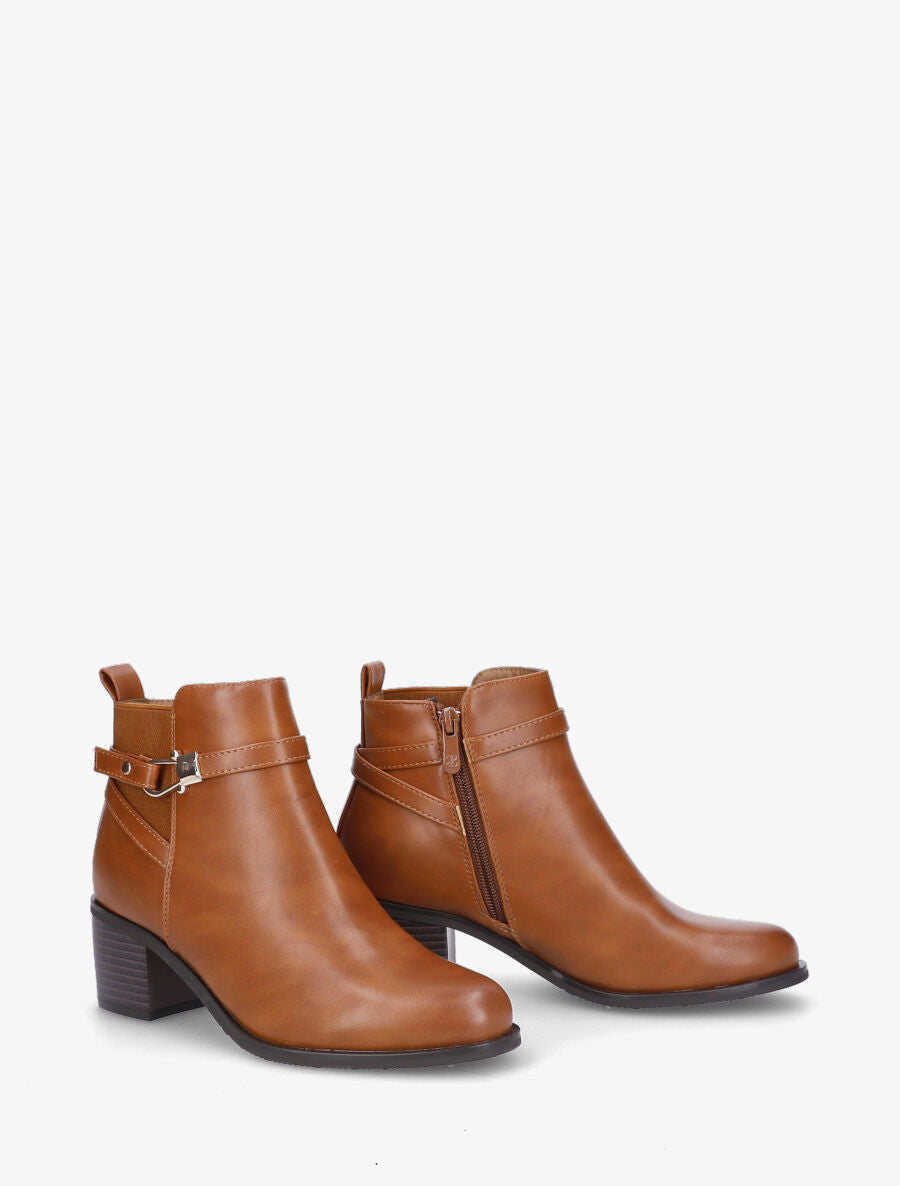 Bottines en simili à contrefort stylisé et côté élastiqué - Camel - 4