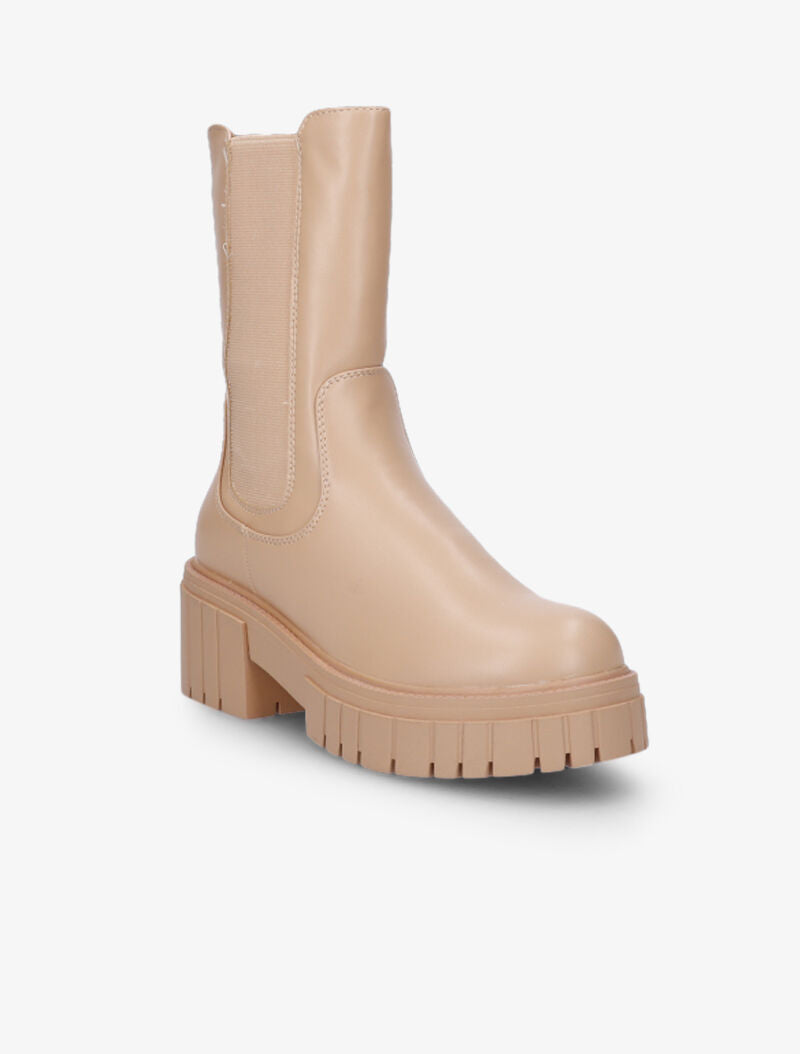 Bottines style motard à talons strillés et semelle crantées - Beige - 3