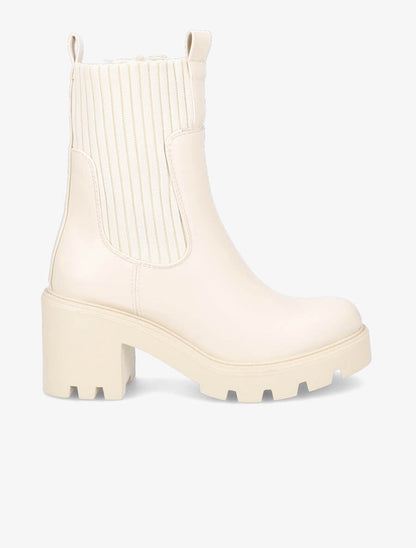 Bottines montantes à talon et ganse élastiquée côtelée - Beige - 1