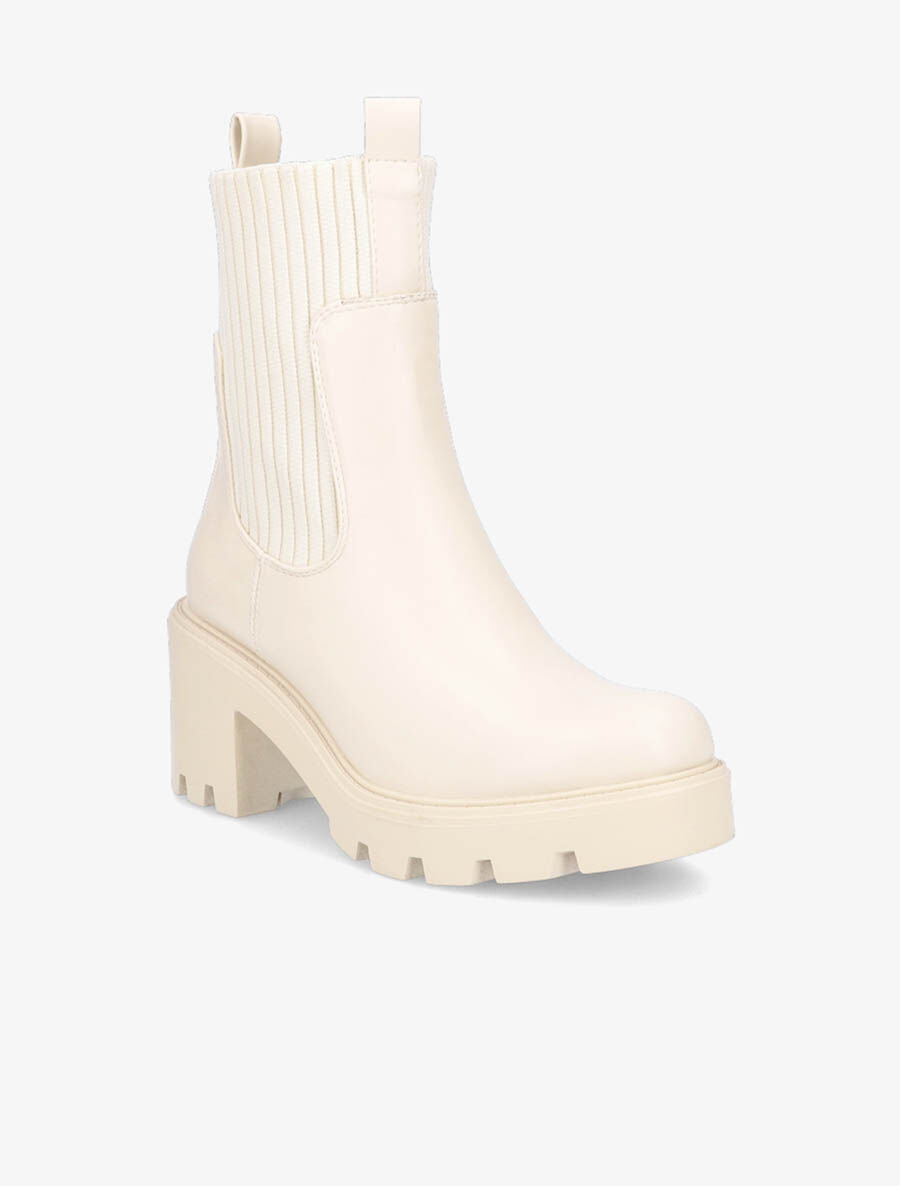 Bottines montantes à talon et ganse élastiquée côtelée - Beige - 2