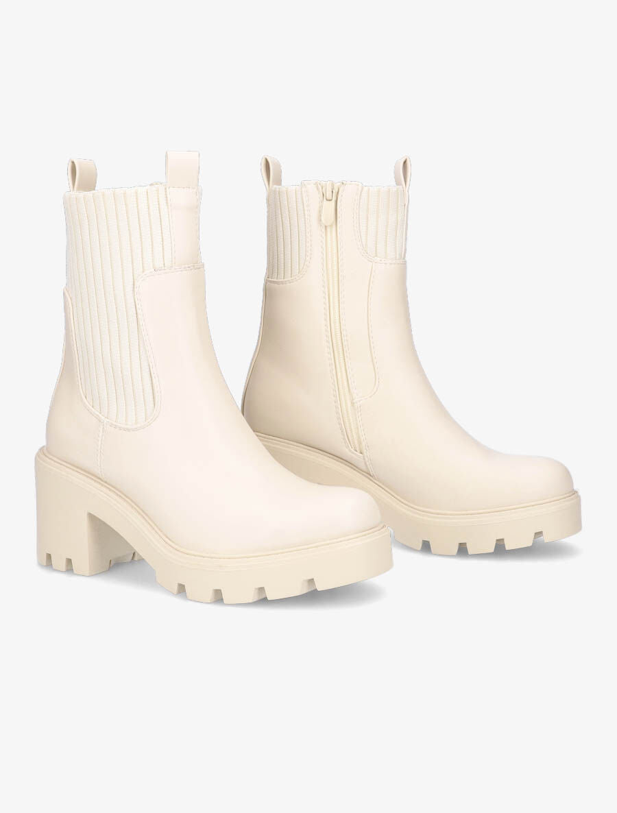 Bottines montantes à talon et ganse élastiquée côtelée - Beige - 4