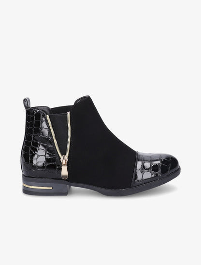 Bottines à détails effet croco vernis - Noir - 1