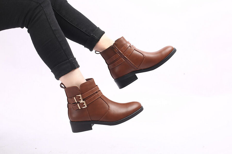 Bottines à double sangles croco - Camel - 5