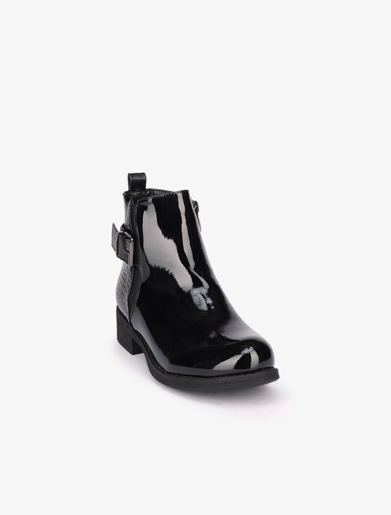 Bottines plates vernies à contrefort croco - Noir - 3