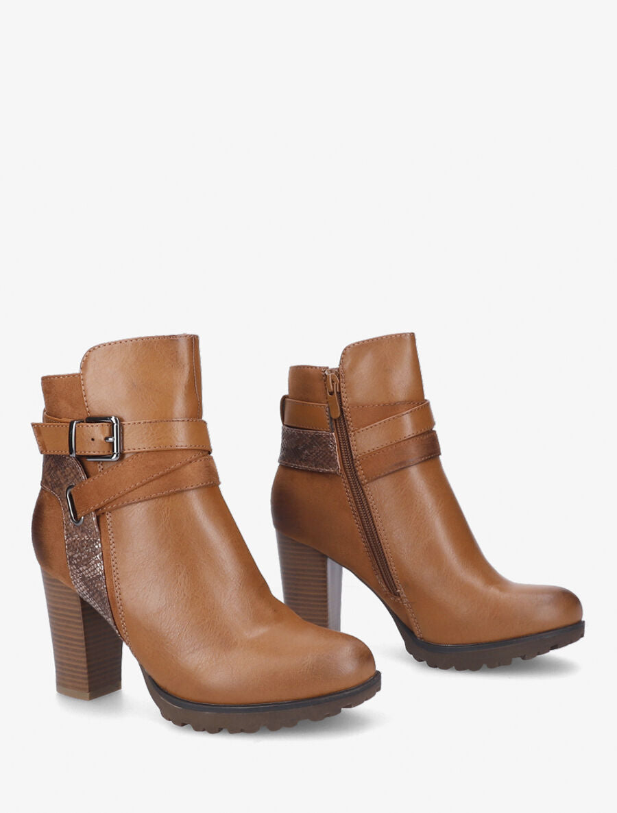 Bottines à talon et empiècement python - Camel - 5