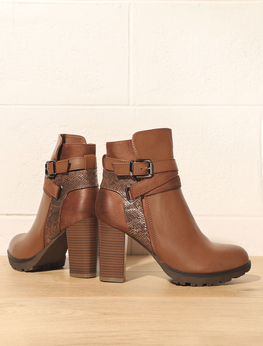 Bottines à talon et empiècement python - Camel - 1