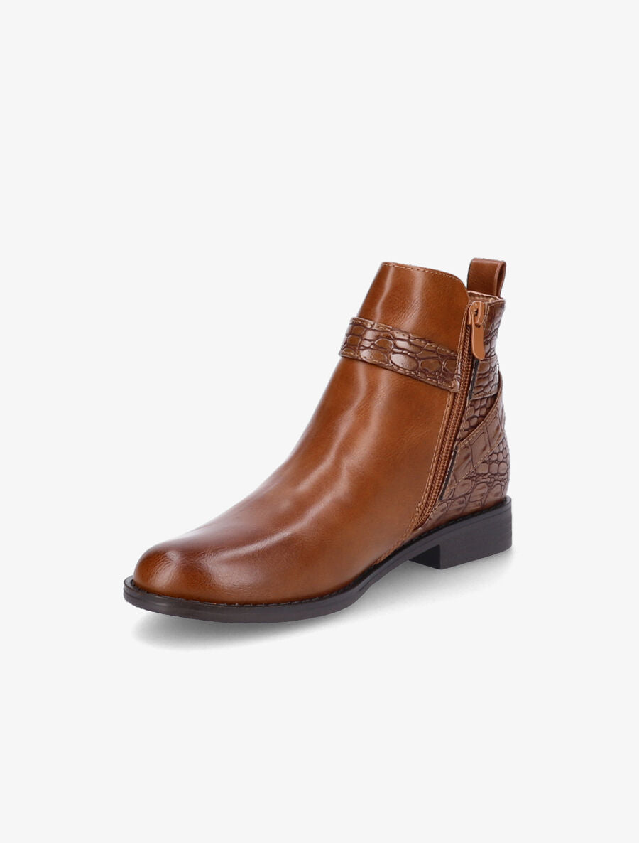 Bottines à sangles et contrefort croco - Camel - 3