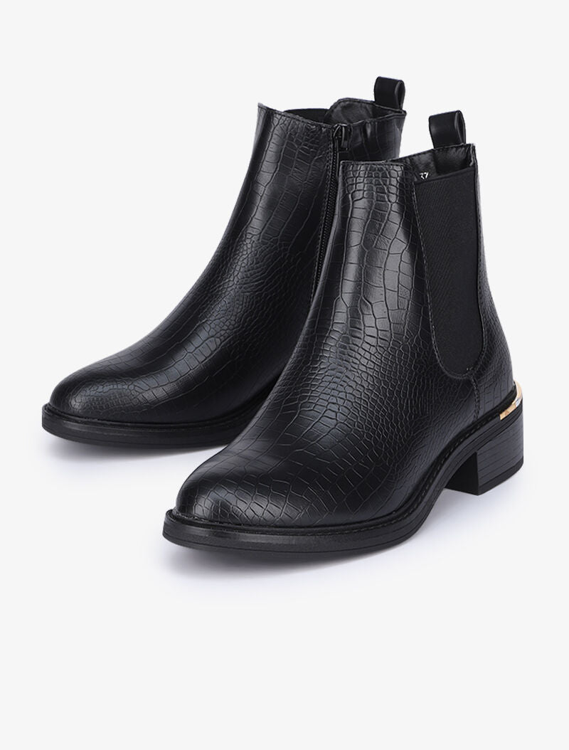 Bottines effet croco à détails dorés stylisés - Noir - 1