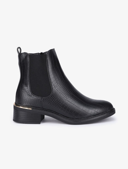 Bottines effet croco à détails dorés stylisés - Noir - 2