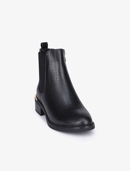 Bottines effet croco à détails dorés stylisés - Noir - 3