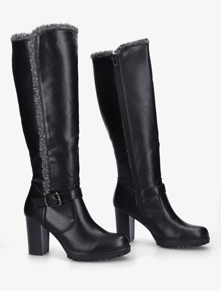 Bottes à talon et empiècement effet peau de mouton - Noir/gris - 4