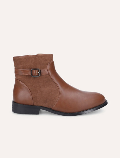 Bottines plates en simili et suédine - Camel - 1