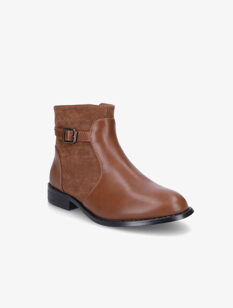 Bottines plates en simili et suédine - Camel - 2