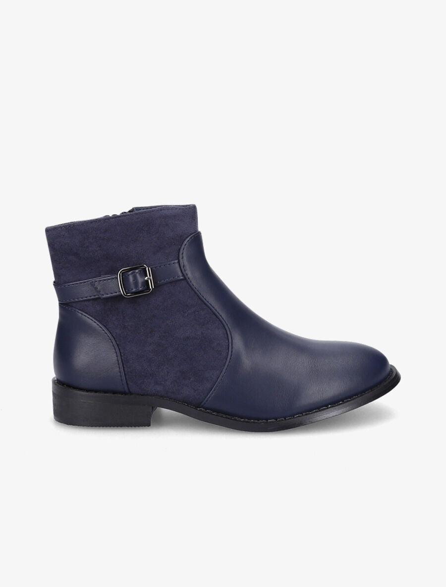 Bottines plates en simili et suédine - Marine - 1
