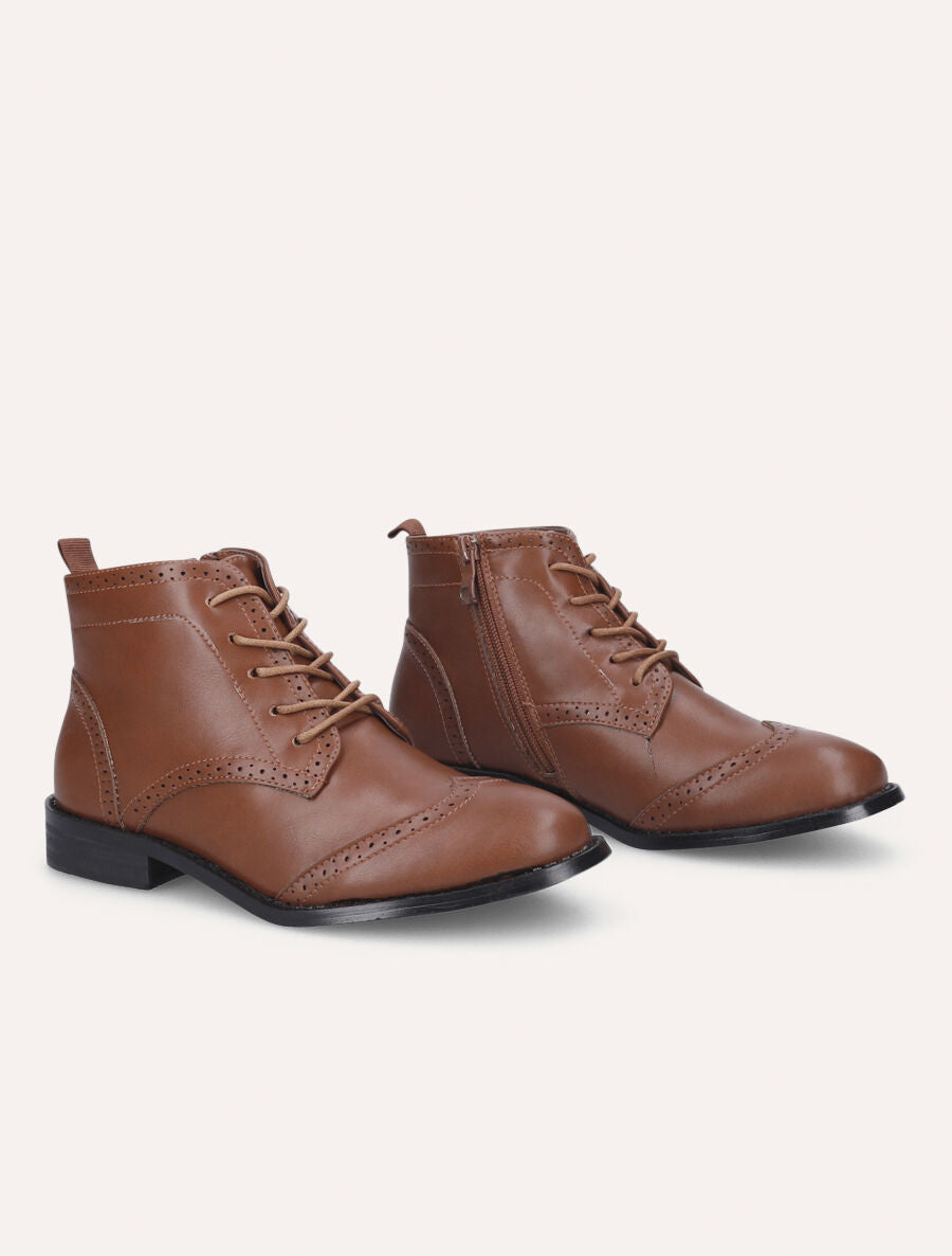 Bottines à lacets en simili - Camel - 4