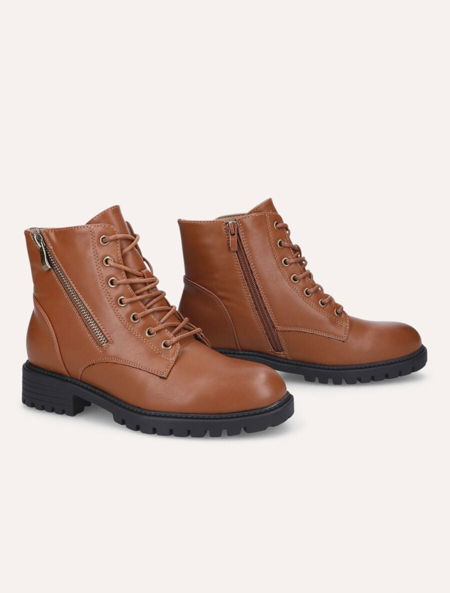 Bottines plates à lacets et double zips - Camel - 4