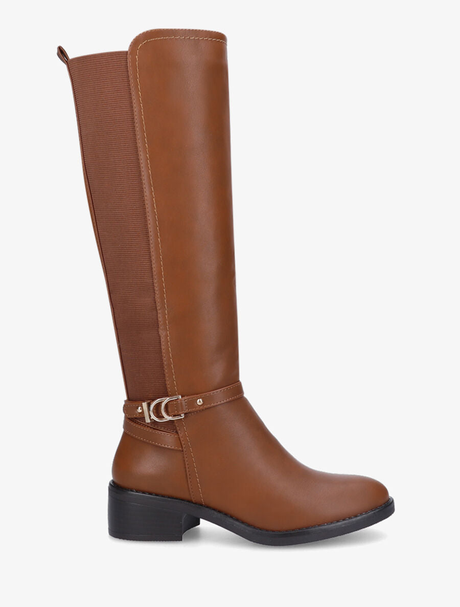 Bottes élastiquées en simili et sangles - Camel - 1
