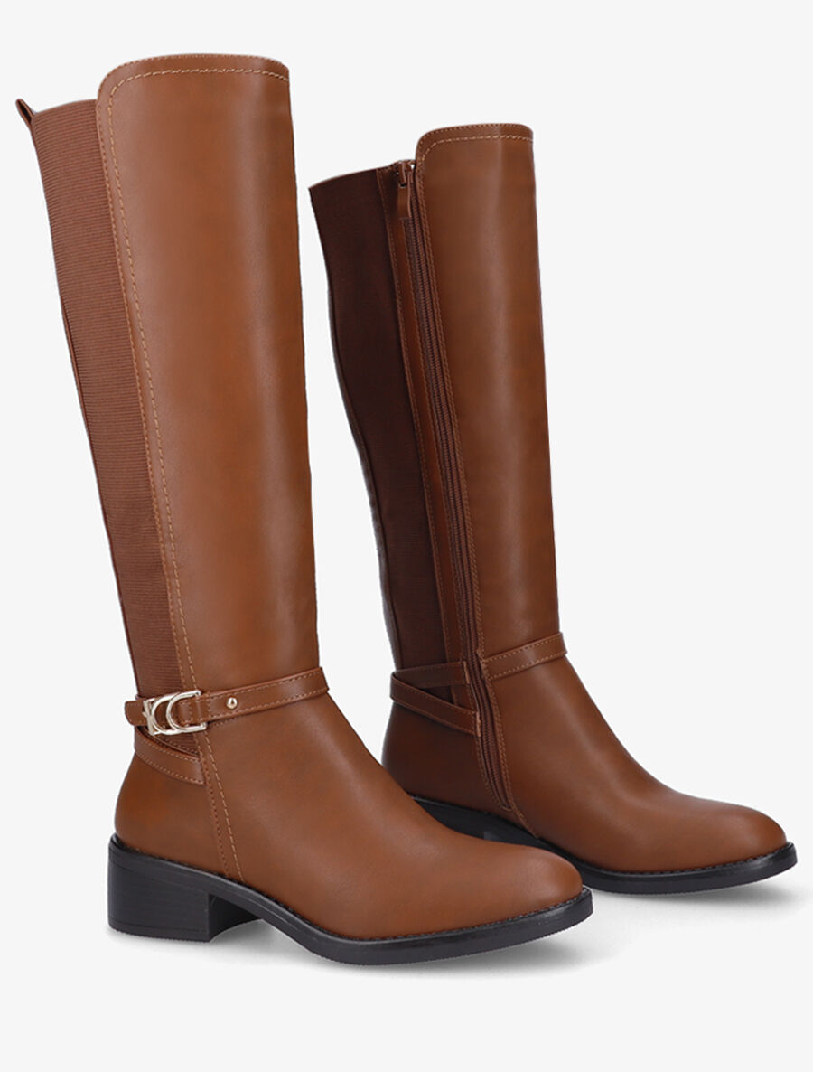 Bottes élastiquées en simili et sangles - Camel - 4