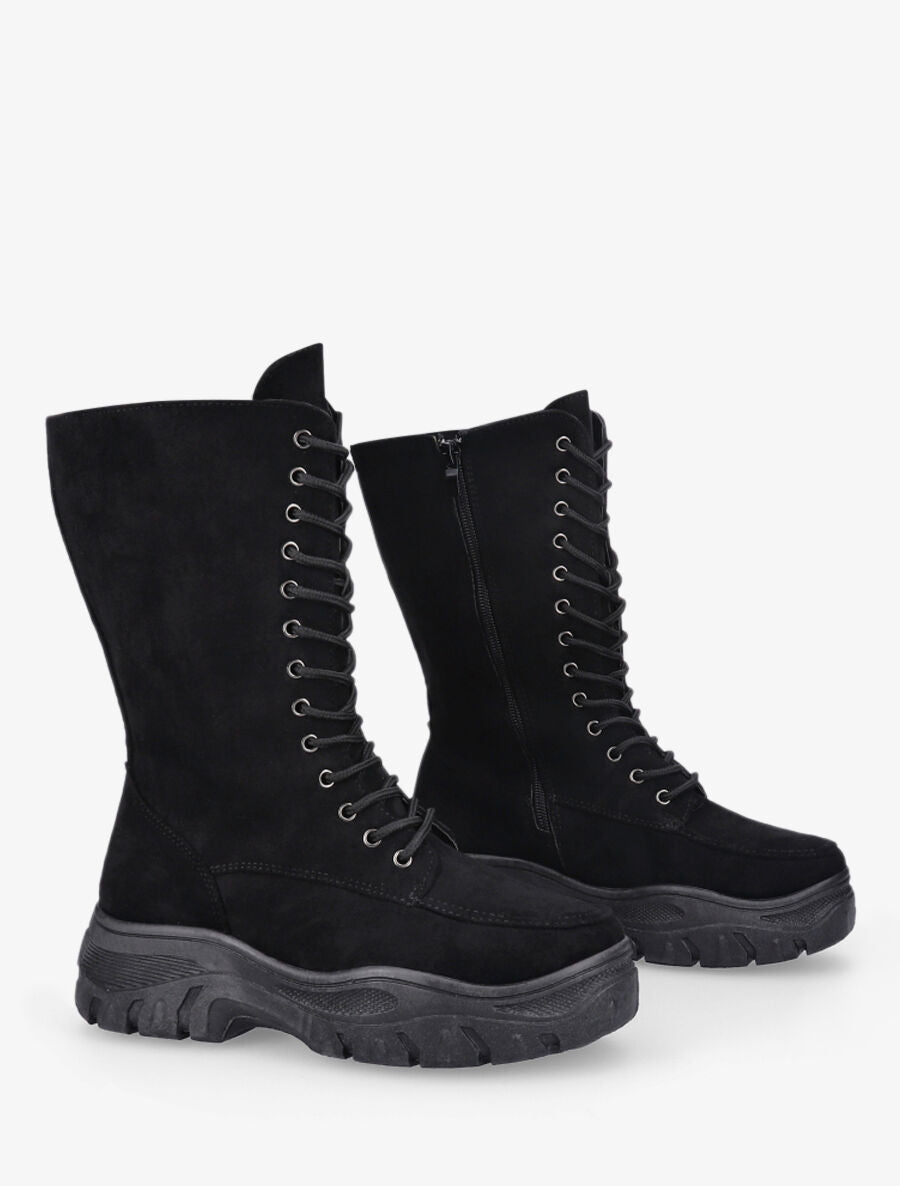 Boots montantes lacées en suédine - Noir - 4