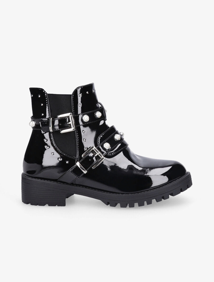Bottines vernies à strass et double sangles - Noir - 1