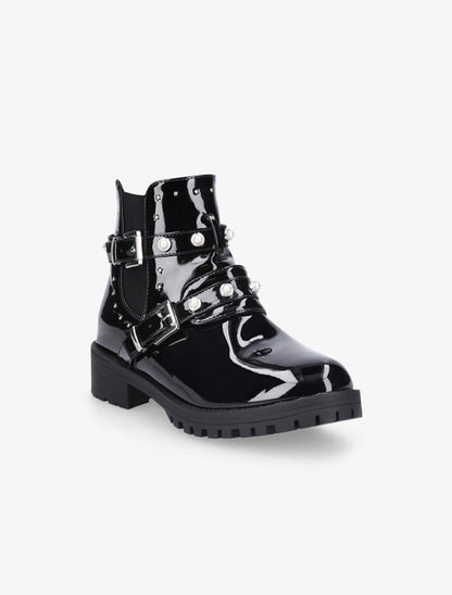 Bottines vernies à strass et double sangles - Noir - 2