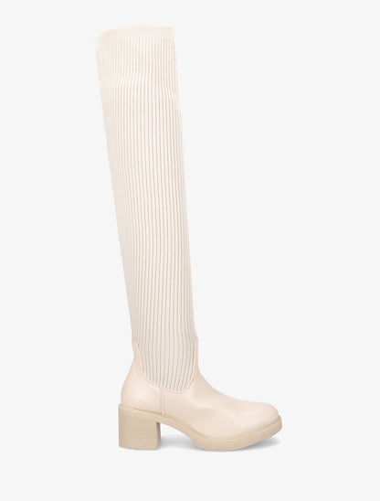 Cuissardes en tissu côtelé et simili - Beige - 1