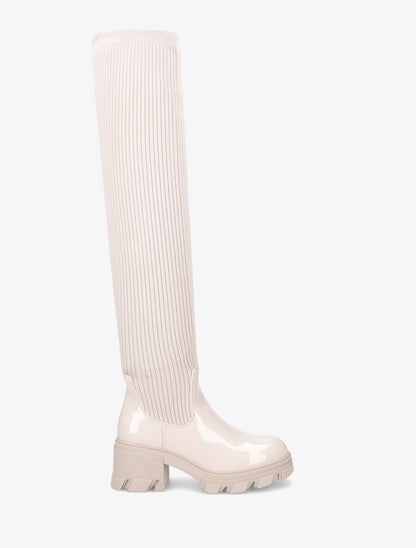 Cuissardes en tissu côtelé et simili vernis - Beige - 5