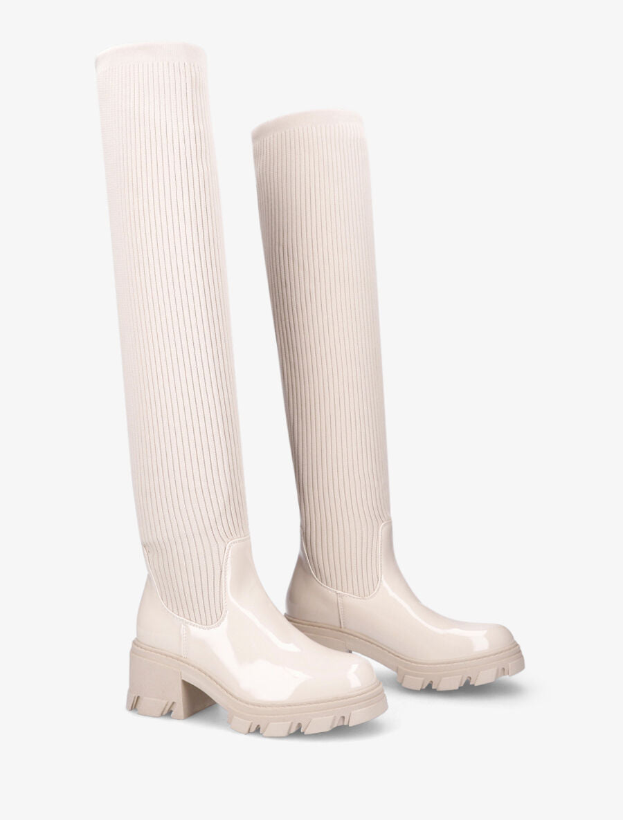 Cuissardes en tissu côtelé et simili vernis - Beige - 4