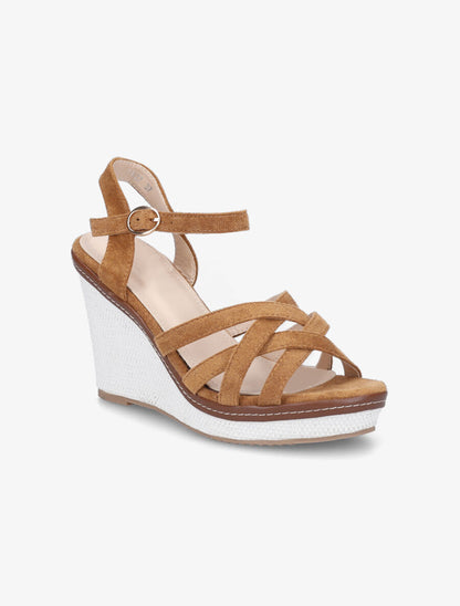 Sandales compensées brides entrelacées en suédine - Camel - 2