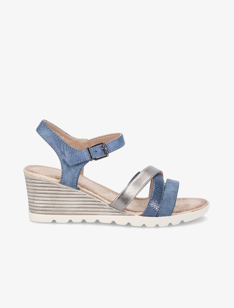Sandales en simili et suédine à talon compensé - Bleu - 5