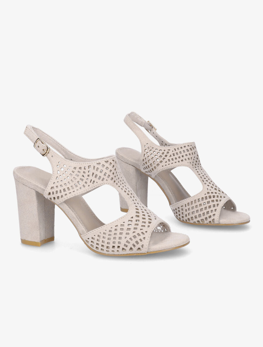 Sandales à talon en suédine perforée - Beige - 4