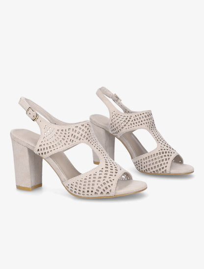 Sandales à talon en suédine perforée - Beige - 4