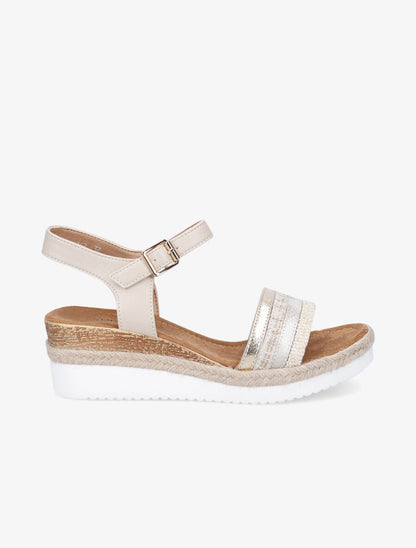 Sandales compensées à ganses rayées - Beige - 5