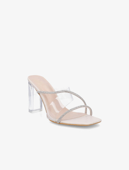 Mules à bande transparente et strass - Beige - 2
