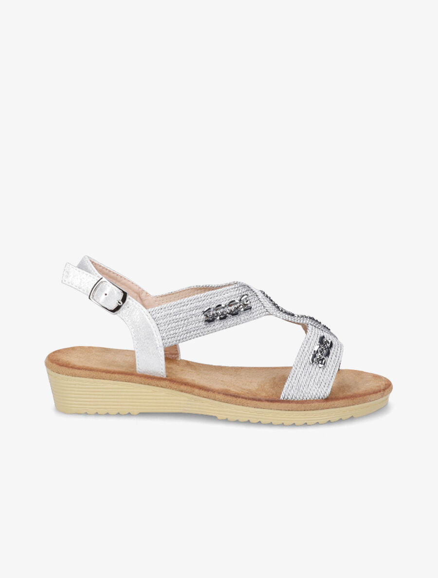 Sandales compensées effet tissé et strass - Argent - 1