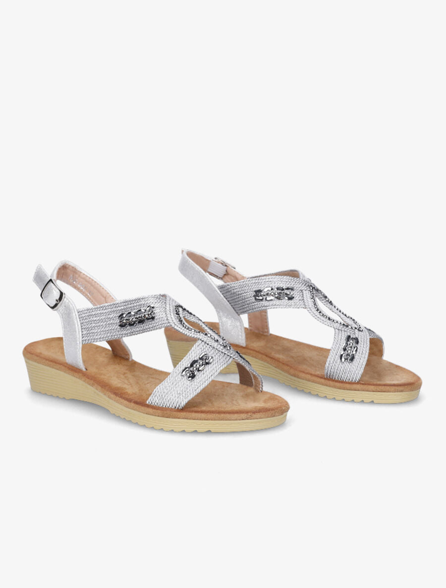 Sandales compensées effet tissé et strass - Argent - 4