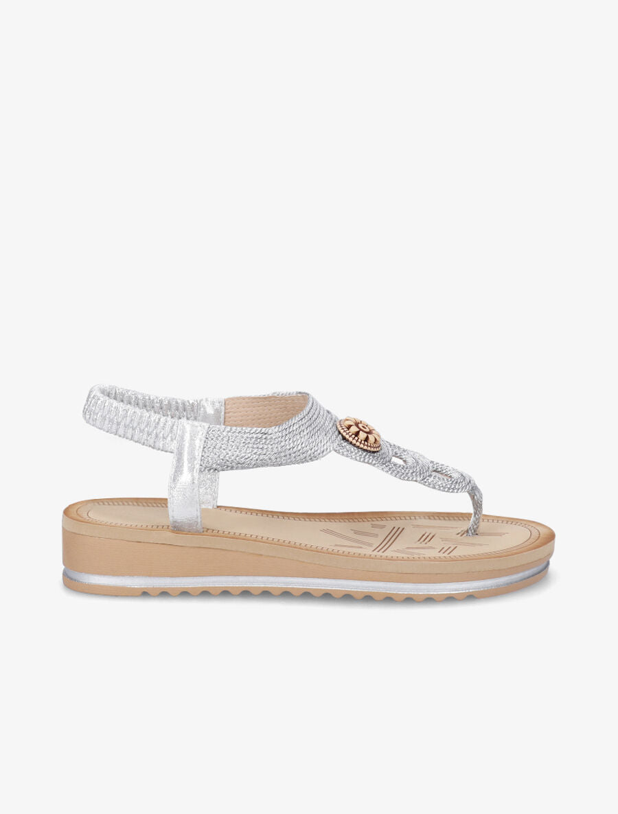 Nu-pieds à brides tressés et empiècement effet bois - Argent - 1