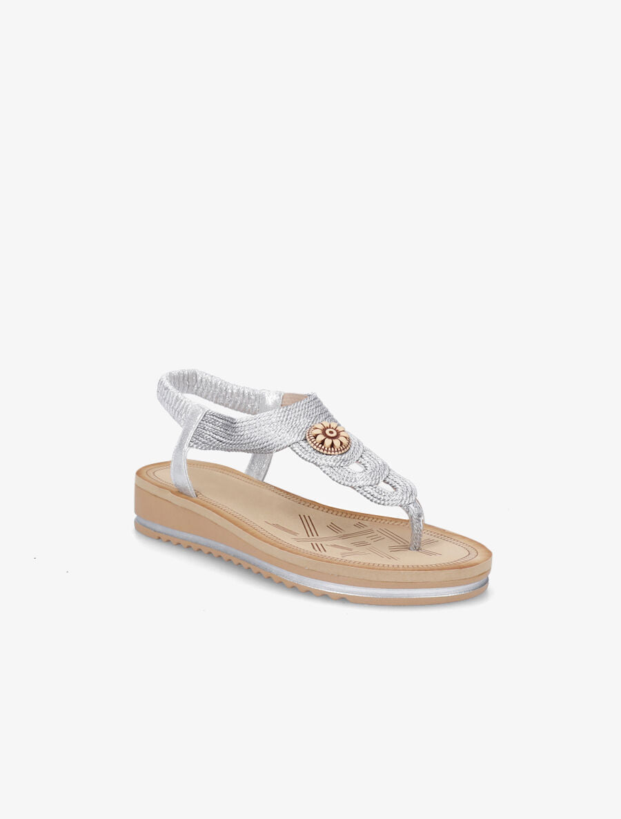 Nu-pieds à brides tressés et empiècement effet bois - Argent - 2