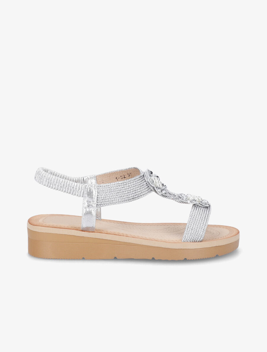 Nu-pieds à motif fleurs ornés de strass et perles - Argent - 5