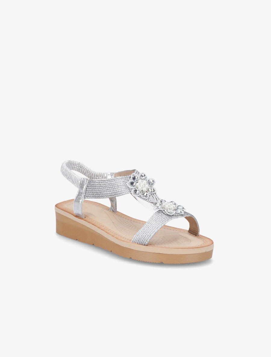 Nu-pieds à motif fleurs ornés de strass et perles - Argent - 2